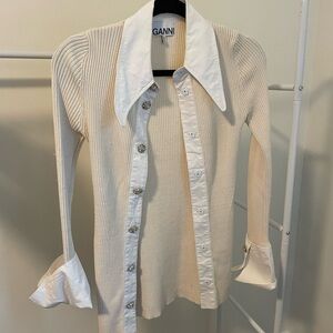 GANNI Cream/Ivory Bling Crystal Button Down Shirt XXS